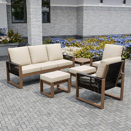Rustic Hideaway Natural Cedar Wood Outdoor Furniture Set, Wicker Patio Conversation Set for Porch Garden Backyard, Couch, 2 Patio Chairs, Side Table and 2 Ottomans, 6 Piece, Brownish/Beige