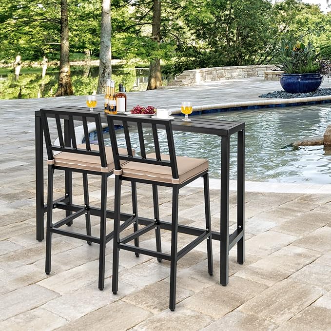 COSTWAY 3 Piece Outdoor Patio Bar Set, 55" Rectangular Pub Height High Top Bar Table with 2 Cushioned Bar Stools, Metal Bar Table and Chairs Set for Balcony, Backyard, Porch
