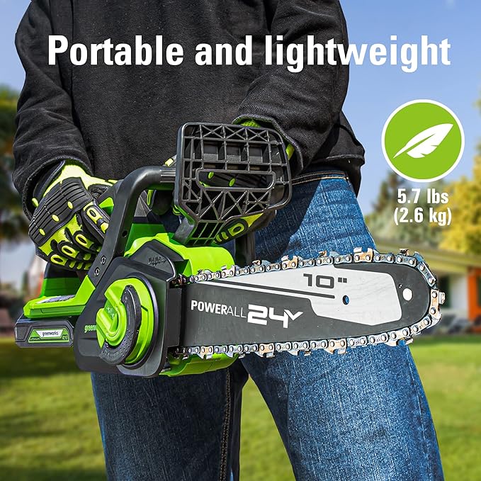 Greenworks 24V 10" Cordless Compact Chainsaw (Great For Storm Clean-Up, Pruning, and Firewood), 2.0Ah Battery and Charger Included
