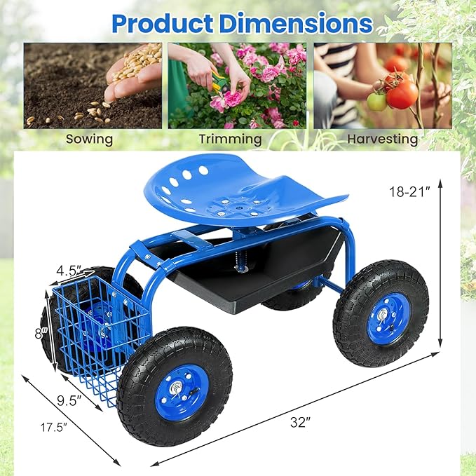 Goplus Garden Seat with Wheels, Rolling Garden Cart with Adjustable 360° Swivel Seat, Tool Tray, Basket for Lawn, Yard, Patio, Heavy Duty Gardening Stool, Outdoor Wagon Scooter for Seniors
