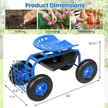 Goplus Garden Seat with Wheels, Rolling Garden Cart with Adjustable 360° Swivel Seat, Tool Tray, Basket for Lawn, Yard, Patio, Heavy Duty Gardening Stool, Outdoor Wagon Scooter for Seniors