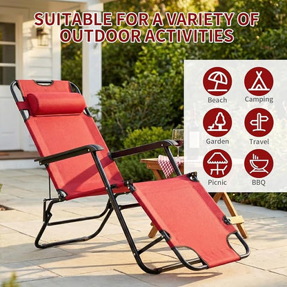 Outvita Folding Chaise Lounge Chair, Outdoor Adjustable Recliner Chair with Pillow for Camping, Beach, Poolside, Garden, Backyard, Lawn