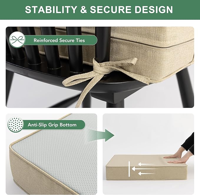 Summsun Outdoor Chair Cushions Set of 2, Faux Linen Patio Furniture Cushions, Water Resistant Backrest and Deep Seat Cushion Set with Straps, Removable Cover, Non-Slip Bottom, 22 x 22 Inch, Nature