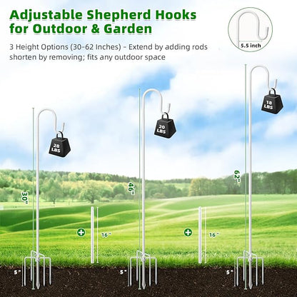 62" White Shepherds Hooks for Outdoor, Bird Feeder Pole with 5 Prong Base, Adjustable Height Shepherds Hook for Hummingbird Feeder, Bird Feeder, Lightweight Plant, Wind Chimes, Lanterns (1 Pack)