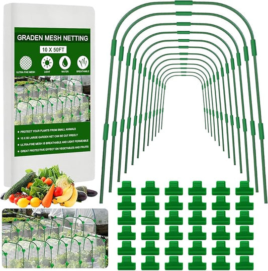 10 x 50ft Garden Netting Kit with 12 Hoops & 36 Clips, Ultra-fine Mesh Grow Tunnel for Raised Bed Vegetable Protection, Durable Pest Barrier for Garden Plants