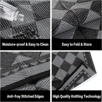 HUGEAR Outdoor Waterproof Rug 9'x12' Plastic Straw Rugs Washable Reversible Floor Mat Black/Grey Plaid Carpet for Camping RV Deck Entryance Porch Picnic Balcony Beach Backyard