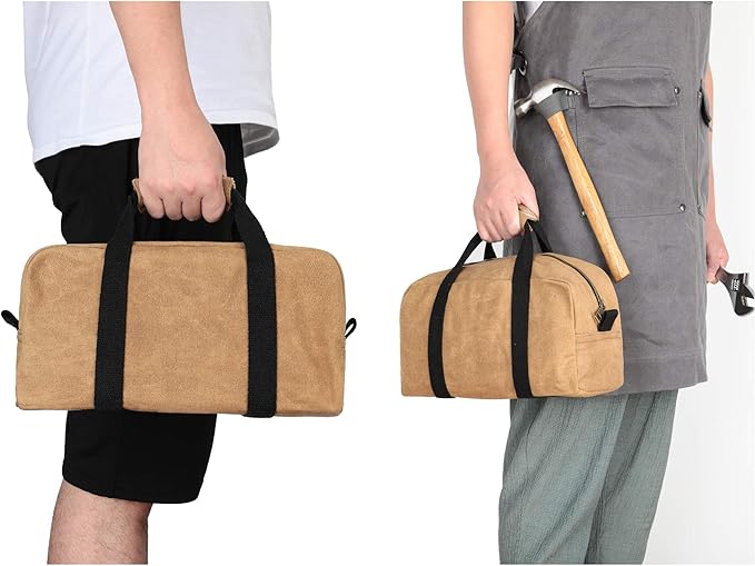 Heavy Duty Waxed Canvas Tool Bag, Multi-Purpose Waterpoof Garden Tote Bag, Portable Carry On Pouch (Black)