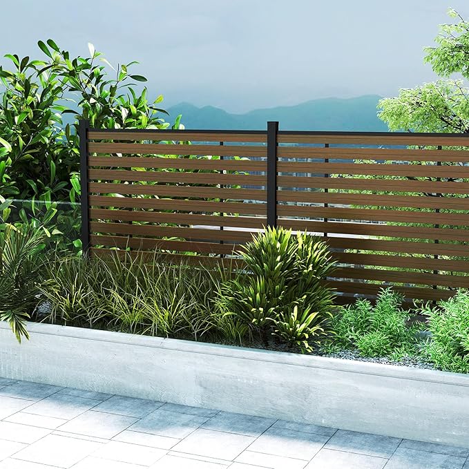 Outdoor Privacy Fence WPC, AC Unit Air Conditioner Screen 5 FT(H) x 6 FT(W) Trash Can with Aluminum Alloy Post, Decorative Fencing, Brown with 2 Post