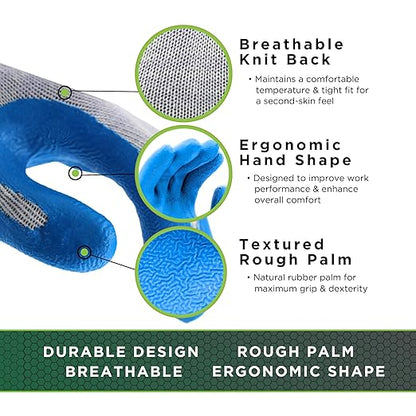 SHOWA Atlas 300 Original 1994 Crinkle Grip Work Gloves, Natural Latex Palm, Heavy Duty 10-Gauge for Construction, Landscaping, Gardening, & Masonry, Blue, Large, 12-Pair