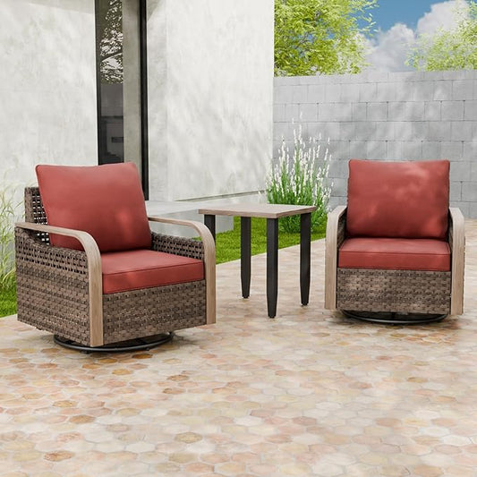Modern Wicker Bistro Table and Chairs Set, Rattan Outdoor Bistro Set for Patio, Wicker Patio Chairs & Table, 3 Pieces, Brown/Red