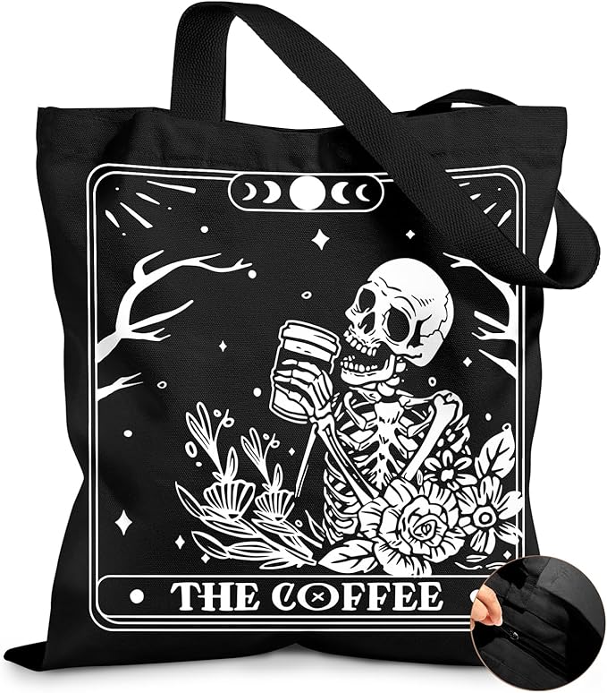 Miss Adola Canvas Tote Bag for Women – Aesthetic Canvas Bag with Zipper Cute Stylish Reusable Shoulder Totes for Shopping Work Daily Vacation, Coffee Skull
