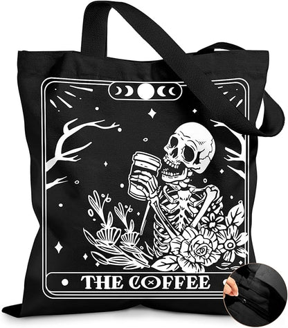 Miss Adola Canvas Tote Bag for Women – Aesthetic Canvas Bag with Zipper Cute Stylish Reusable Shoulder Totes for Shopping Work Daily Vacation, Coffee Skull