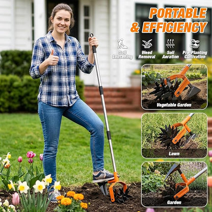 GINMIC Hand Tiller Garden Cultivator, Garden Tiller with Upgrated Triangle Hoe and Adjustable Long Handle, 2-in-1 Weeder & Soil Aerator for Lawn Care, Cultivate, Plant, Reseed, Gardening Hand Tools