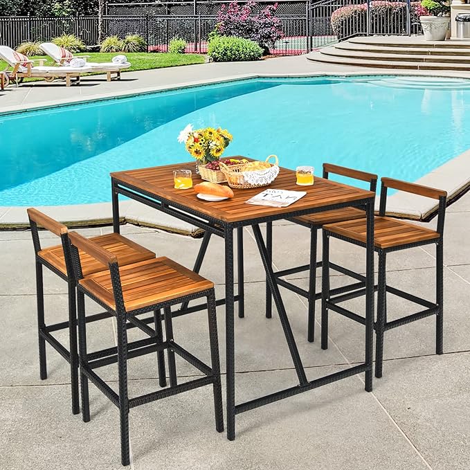 RELAX4LIFE 5-Piece Patio Bar Set, Acacia Wood Counter Height Bistro Dining Table w/Umbrella Hole, Wicker Rattan Bar Stools Set of 4 for Balcony Backyard Poolside, 5PCS Outdoor Bar Table and Chairs Set