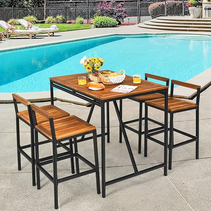 RELAX4LIFE 5-Piece Patio Bar Set, Acacia Wood Counter Height Bistro Dining Table w/Umbrella Hole, Wicker Rattan Bar Stools Set of 4 for Balcony Backyard Poolside, 5PCS Outdoor Bar Table and Chairs Set
