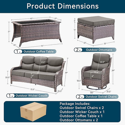Luxury High Back Outdoor Furniture with 6-Inch Thick Cushions, Patio Furniture Set with Swivel Chairs, 6 PCS Wicker Conversation Set for Porch, Balcony, Deck and Yard