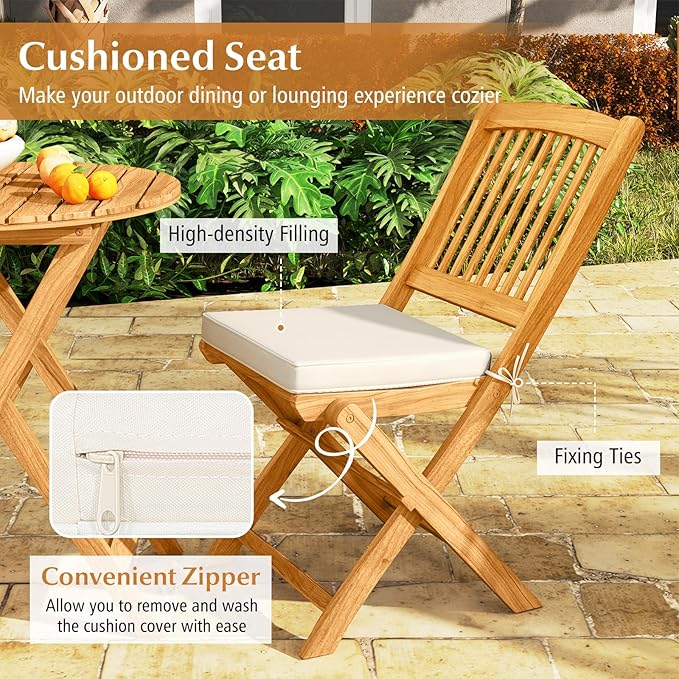 Tangkula 3 Pieces Acacia Wood Patio Folding Bistro Set, Outdoor Table and Chairs Set with Soft Cushions, Patio Furniture Set for Porch, Balcony, Garden, Deck and Backyard