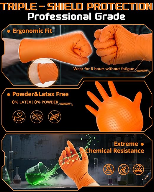 10mil Nitrile-Gloves Disposable-Orange Chemical-Resistant Rubber - Mechanic Gloves Heavy Duty, Latex Free, Diamond Grip (500, Medium)