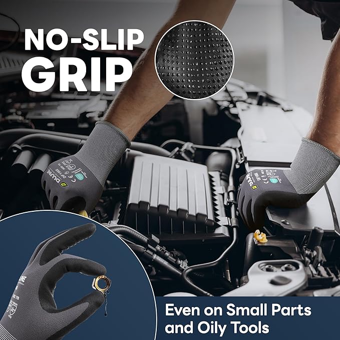 DULFINE Work Gloves for Men and Women,Grey Nylon with MicroFoam Nitrile Coated-12 Pairs Pack, Dots on Palm for Anti-slip and Extra Abrasion Resistant(XX-Large)