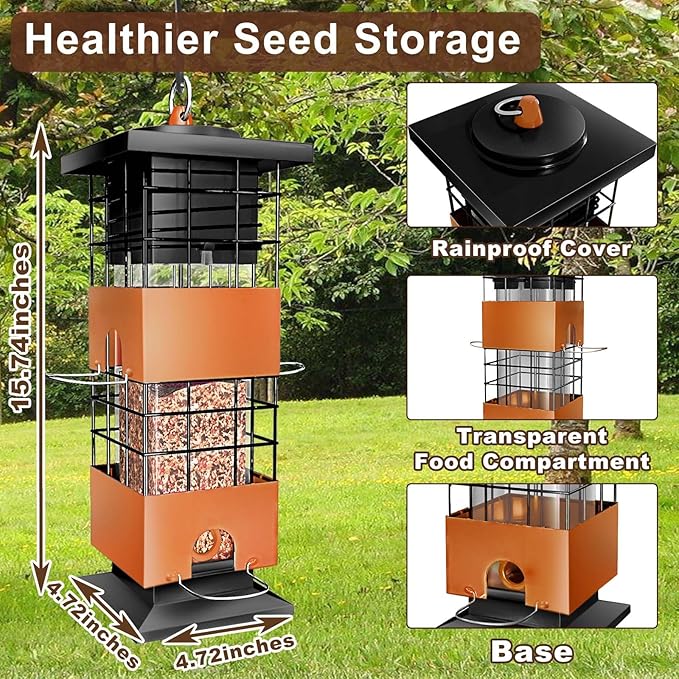 Squirrel Proof Bird Feeder, 3Lbs Hanging Anti-Squirrel Bird Feeders for Outdoors, Metal Weight-Activated Perches Wild Birdfeeder for Blue Jay, Cardinal (Brown)