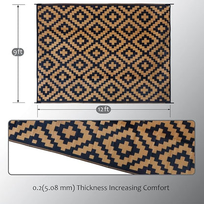 SAND MINE Reversible Mats, Plastic Straw Rug, Modern Area Rug, Large Floor Mat and Rug for Outdoors, RV, Patio, Backyard, Deck, Picnic, Beach, Trailer, Camping, Black & Brown, 9' x 12'