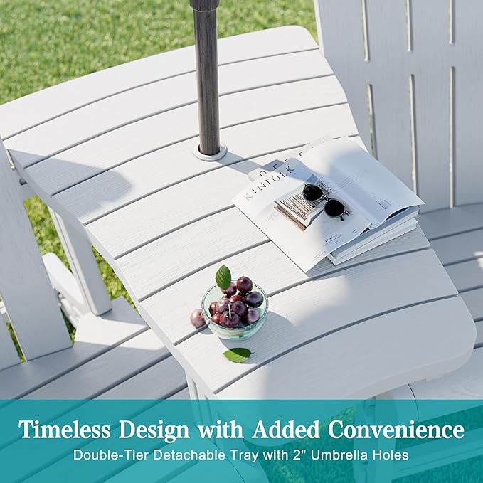 JY QAQA Outdoor Adirondack Chair Set of 2, All-Weather HDPE Patio Furniture with Detachable Table, Wood Texture & Cup Holder for Patio, Poolside, Garden, White