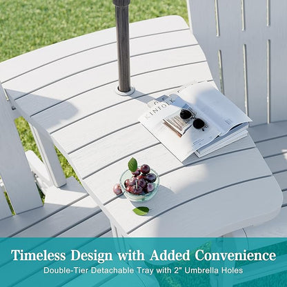 JY QAQA Outdoor Adirondack Chair Set of 2, All-Weather HDPE Patio Furniture with Detachable Table, Wood Texture & Cup Holder for Patio, Poolside, Garden, White