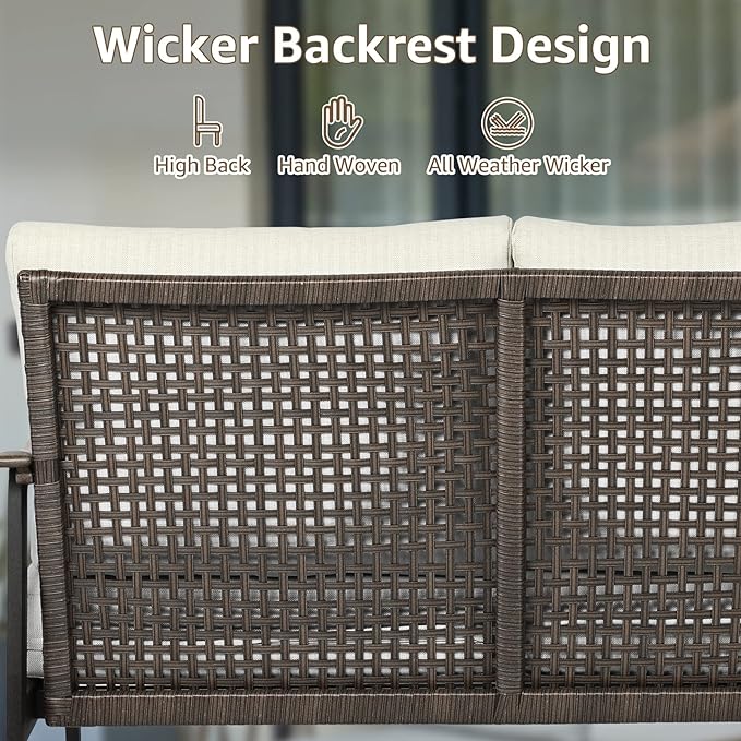 NATURAL EXPRESSIONS Patio Loveseat Sofa Outdoor Furniture Metal Chair with Wicker Backrest & 6 Inches Cushion for Indoor, Front Porch, Deck, Balcony, Backyard, 51.77"(L) x 29.75"(W) x 33.86"(H).