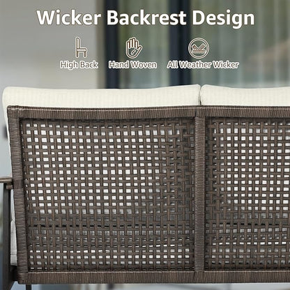 NATURAL EXPRESSIONS Patio Loveseat Sofa Outdoor Furniture Metal Chair with Wicker Backrest & 6 Inches Cushion for Indoor, Front Porch, Deck, Balcony, Backyard, 51.77"(L) x 29.75"(W) x 33.86"(H).