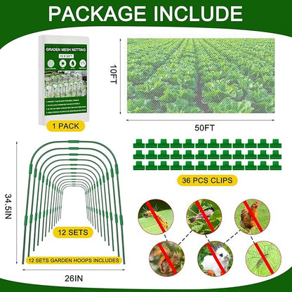 10 x 50ft Garden Netting Kit with 12 Hoops & 36 Clips, Ultra-fine Mesh Grow Tunnel for Raised Bed Vegetable Protection, Durable Pest Barrier for Garden Plants