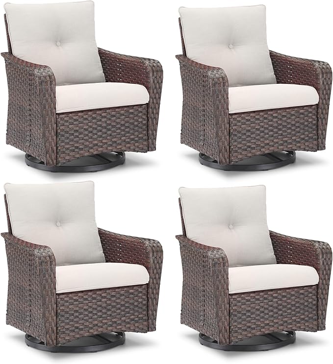 Rilyson Outdoor Patio Swivel Rocker Chairs - 4 PC Wicker Rattan Patio Rocking Glider Chair Set with High Back,Comfy Cushions and Deep Seating for Porch Deck Backyard Garden(Brown/Beige)