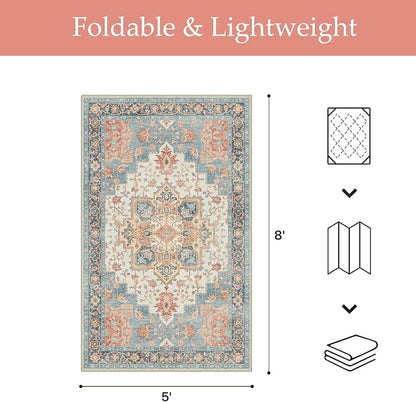 GENIMO Outdoor & Indoor Area Rug 5'x8', Waterproof, Non-Shedding, Easy Cleaning, Boho Mat for Patio, Living Room, Balcony, Dining Room, RV, Deck, Bedroom, Camping, Outside Carpet,Blue Salmon
