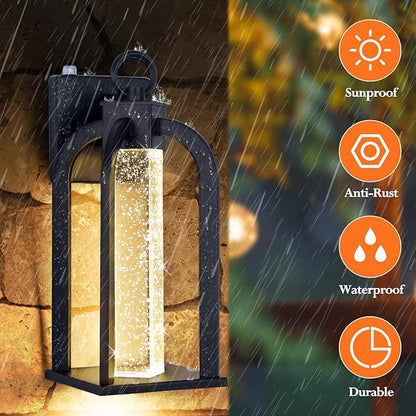 Dusk to Dawn LED Outdoor Wall Light, 14" Black Wall Lantern with Crystal Bubble Glass, Exterior Light Fixture with Photocell Sensor, IP65 Waterproof Anti Rust Outdoor Lighting for House, Garage, Porch