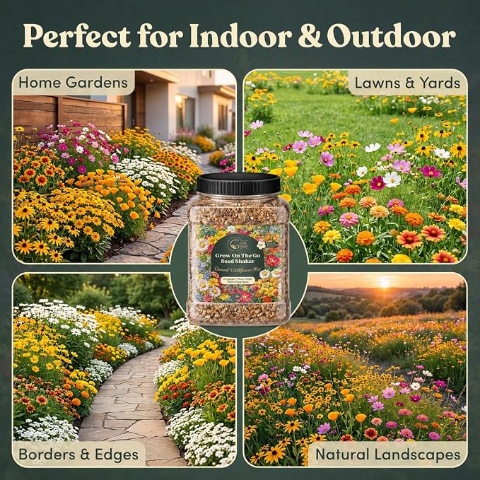 Wildflower Seed Shaker – Annual Mix by GevaGrow | 17 Variety Flower Seeds for Planting in Pots & Outdoor Gardens, Bulk 300,000+ Seeds - 1 Pound Tub