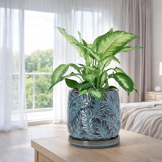 D'vine Dev 6 Inch Embossed Leaves Stoneware Planter Pot with Drainage Hole and Saucer, Ocean Teal, 27-A-X-8