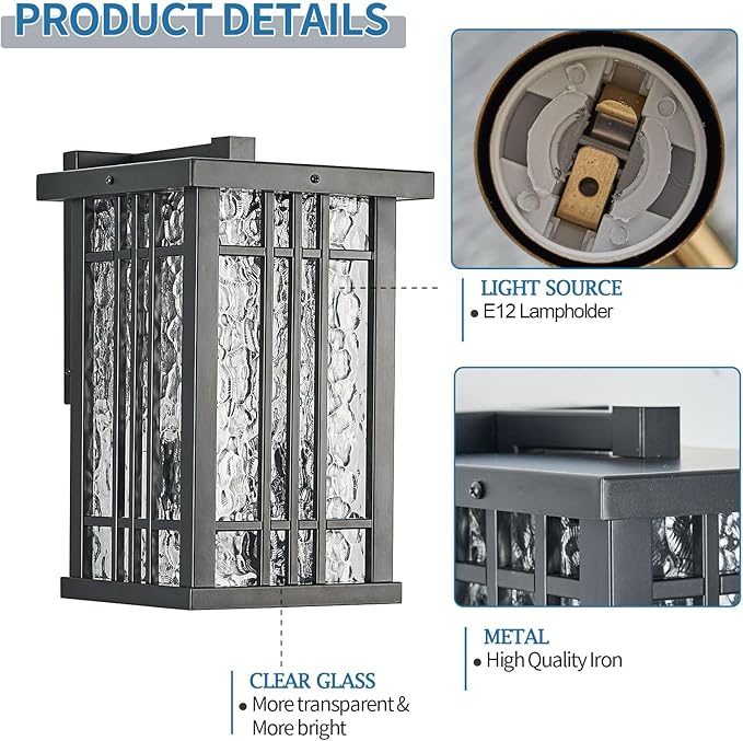 2-Light Outdoor Wall Light E26 Base Metal Frame - Black Exterior Waterproof Lanterns with Clear Glass, Porch Wall Mount Lighting for Garage, Patio(Bulb not Included)