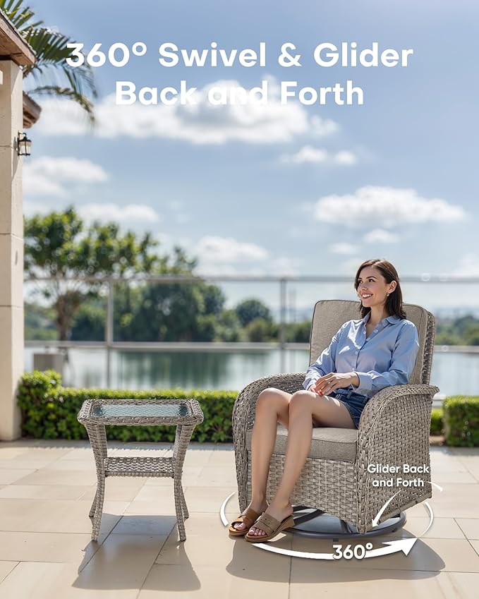3 Pieces Patio Bistro Set Outdoor Swivel Rocker Patio Chairs with Side Table Patio Furniture for Deck Porch Garden Balcony Poolside-Grey/Grey