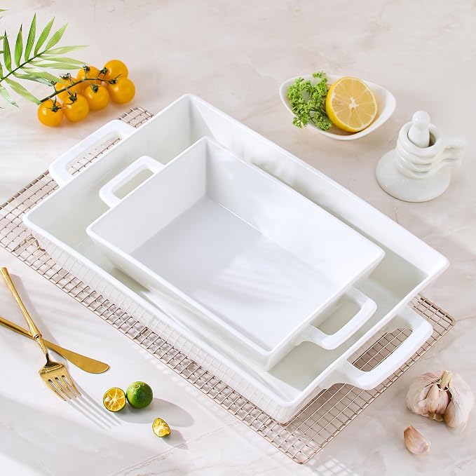 4.6&1.8 Qt Rectangular Ceramic Baking Dishes, 14&9.9 Inch Deep Casserole Lasagna Pans with Handles for Cooking, Roasting, Serving, and Daily Use, Safe for Oven Microwave Dishwasher Freezer