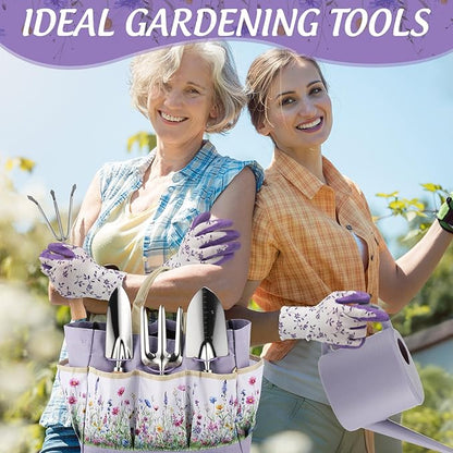 21 Piece Gardening Gifts for Women Heavy-Duty Gardening Tools Set for Wife Grandma Garden Kit Hand Tools with Purple Floral Tote Bag Water Can Gloves Garden Accessories Supplies Items