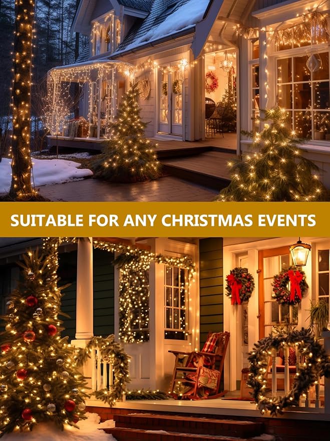 4 Pack Solar Christmas Lights Outdoor Waterproof, 132FT 400LED Solar String Lights Green Wire Fairy Lights, Solar Twinkle Lights with 8 Lighting Modes for Xmas Garden Decorations (Warm White)