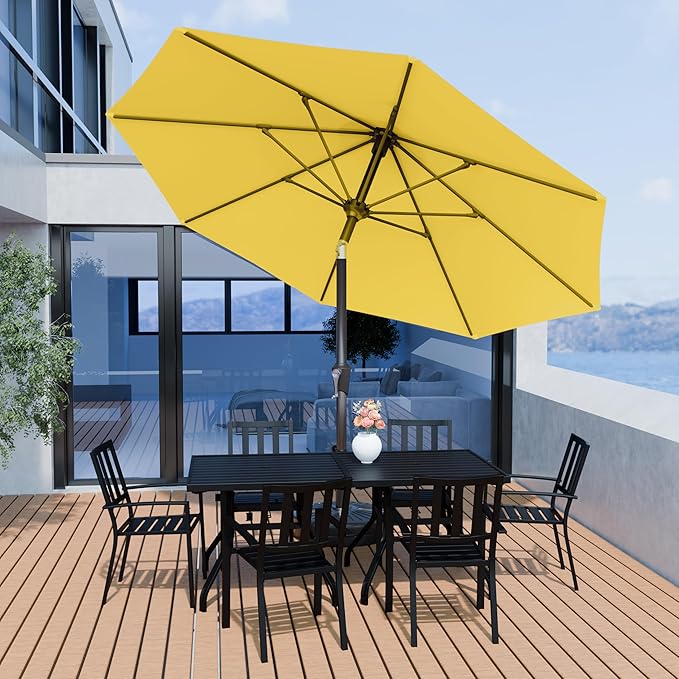 PatioKingdom 10FT Patio Umbrella with Push Button Tilt and Crank, Outdoor Market Umbrella with 8 Fiberglass Ribs, UV Protection Table Umbrella for Pool,Backyard,Garden,Deck(Yellow, 10FT)