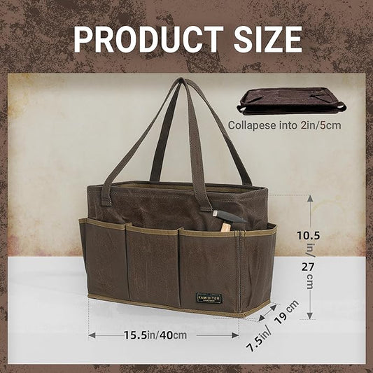 15.5-Inch Foldable Open Top Waxed Canvas Tool Bag, Multi-Purpose Wrench Tool Pouch with Handle, Durable and Water Resistant(Grey)