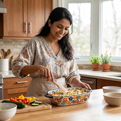 Ceramic Baking Dish with Handles, Hand-painted Polish Pottery Baking Dish Set of 2,Baking Pan Lasagna Pan, Rectangular, Floral Pattern, Oven Safe, 13.22x7.5x2.8 Inch (orange)