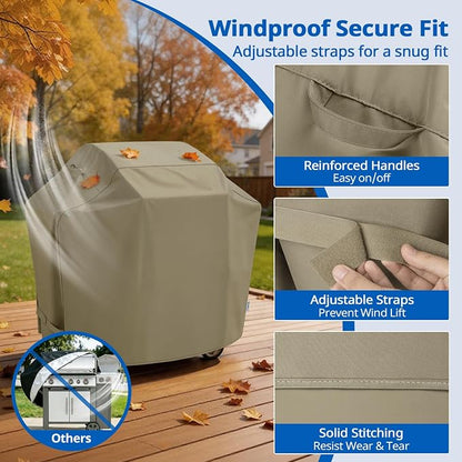 SunPatio Grill Cover 48 Inch for Outdoor Grill, Heavy Duty BBQ Cover with Waterproof Sealed Seam, FadeStop Material, All Weather Resistant Compatible for Weber CharBroil Nexgrill and More, Taupe
