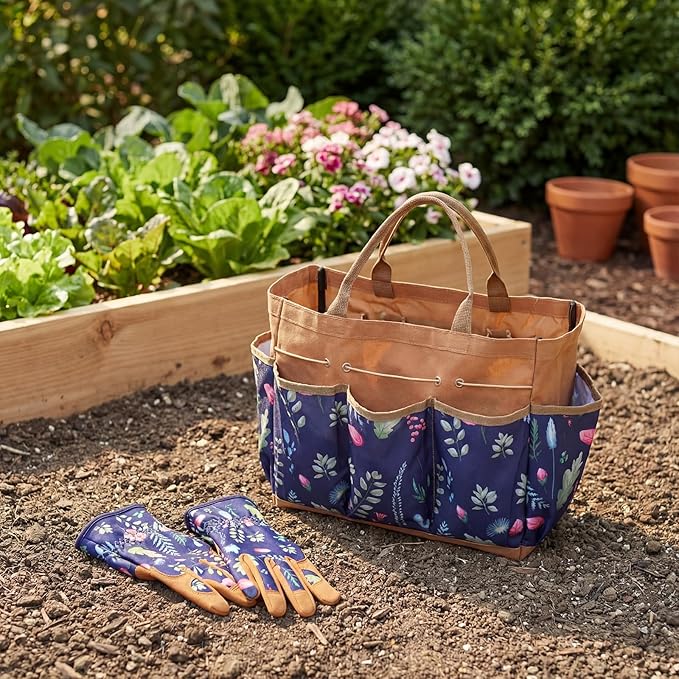 2 Pcs Heavy Duty Gardening Tools, Leather Gloves with Multi-Pocket Tote Bag, Thorn Resistant Non Slip Fashion Durable Set, Breathable Comfortable Ergonomic Gardening Gifts for Women