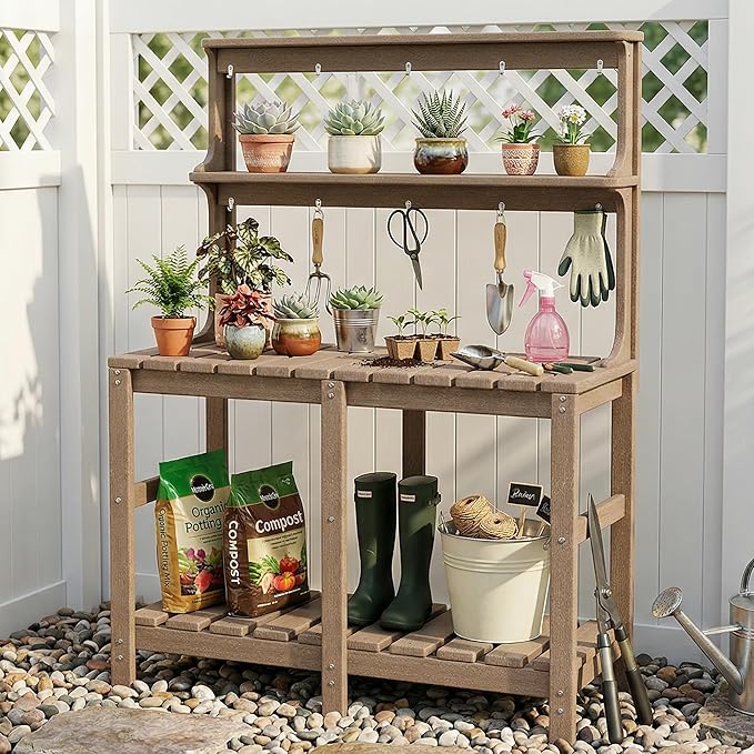 Outdoor Potting Bench with 3 Tier, All-Weather Patio Potting Table with Tool Hooks, HDPE Gardening Table for Backyard, Garden, Brown