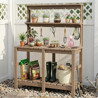 Outdoor Potting Bench with 3 Tier, All-Weather Patio Potting Table with Tool Hooks, HDPE Gardening Table for Backyard, Garden, Brown