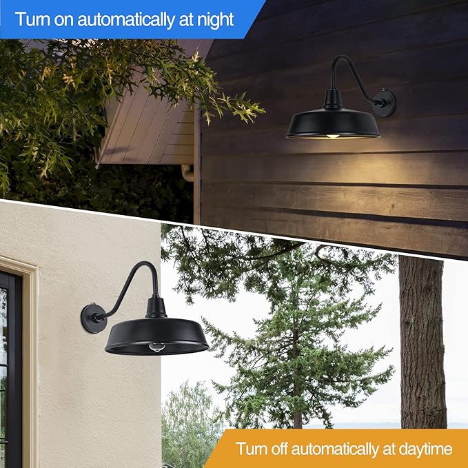 15" Barn Lights Outdoor Gooseneck Lighting, Dusk to Dawn Black Exterior Barn Lights for House, Farmhouse Wall Lighting Fixtures with Sensor for Porch Garage (2, 15" Diameter)