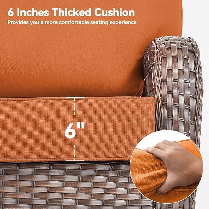 Luxury 6" Outdoor Cushions for Patio Furniture, 24x24x6" Thick Seat Cushion Set of 3, Fade Resistant Couch Chair Replacement Cushions High Density Deep Wicker Chair Cushion w/ Removable Cover, Orange