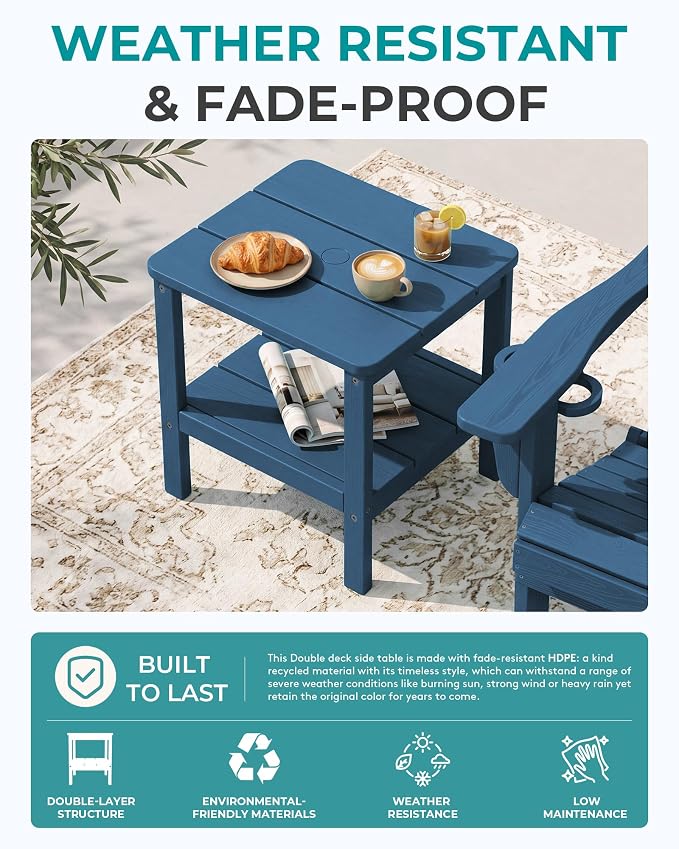 SERWALL 2-Tier HDPE Outdoor Side Table with Umbrella Hole, Weatherproof Rectangular Adirondack Side Table, Blue